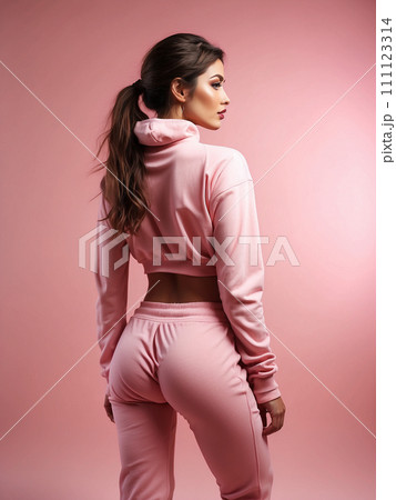 Beautiful athletic model in tracksuit on light pink background. Beautiful athletic model in tracksuit on light pink background. 111123314