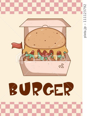 Retro groovy cartoon Burger poster. Vintage fast food retro colors. Flat style. Funky vector illustration 111123792