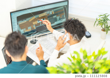 三次元CAD　立体的　3DCG　建築設計　住宅　内観　2人　スマホ 111123808