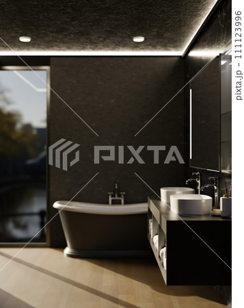 A modern, luxurious black bathroom with a bathtub, double vanity sink, a mirror, and black walls. A modern, luxurious black bathroom with a bathtub, double vanity sink, a mirror, and black walls. 111123996