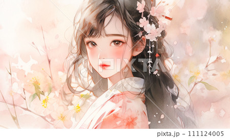 桜と着物姿の若い女性の水彩イラスト「AI生成画像」 111124005