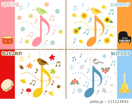 春夏秋冬の音楽会や音楽をイメージした鳥と楽器のイラストのセット 111124692