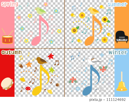 一組鳥類和樂器的插圖，靈感來自春季、夏季、秋季和冬季音樂會和音樂。 111124692
