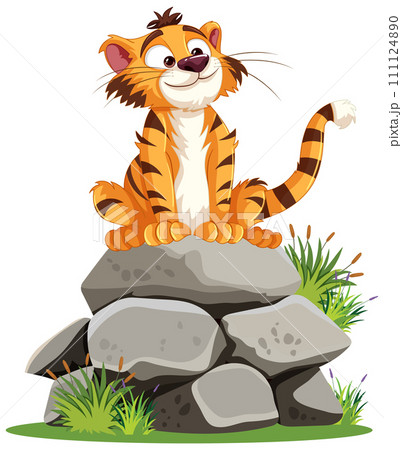 Cheerful Tiger Cub on Rocky Perch 111124890