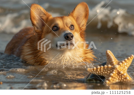AI-generated content. Cute Corgi dog on beach in summer season. Generative AI 111125258