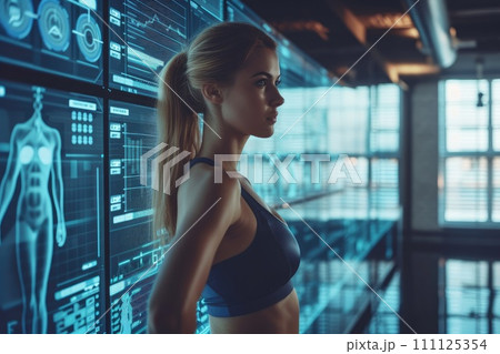 AI-generated content. Body analysis diagram interface and Modern technology in sport science concept. Generative AI 111125354