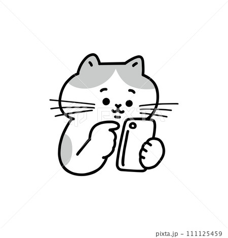 スマートフォンを操作する猫・線画 スマートフォンを操作する猫・線画 111125459