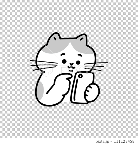 Line drawing of a cat operating a smartphone Line drawing of a cat operating a smartphone 111125459