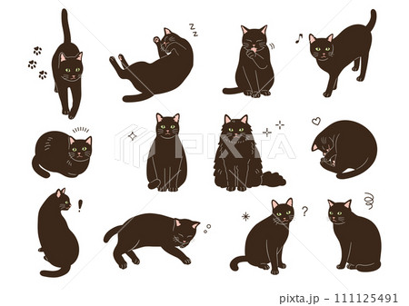 さまざまなポーズの黒猫のイラストのイラスト素材 [111125491] - PIXTA
