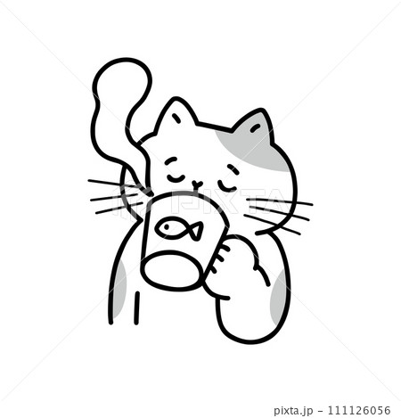 眼を閉じて飲み物を飲む猫・線画 111126056