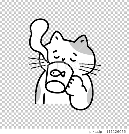 眼を閉じて飲み物を飲む猫・線画 111126056
