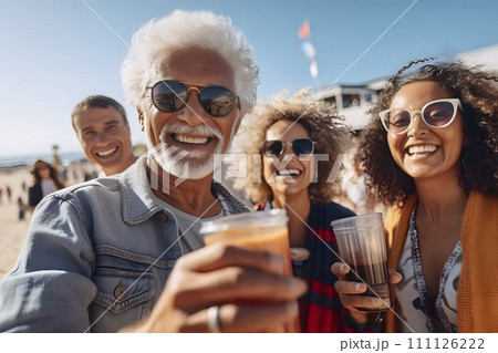 AI-generated content. beach party with smiling diverse people chears with glasses drinking coctails 111126222