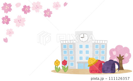 春の季節と桜のあるランドセルのイラストフレーム素材 111126357