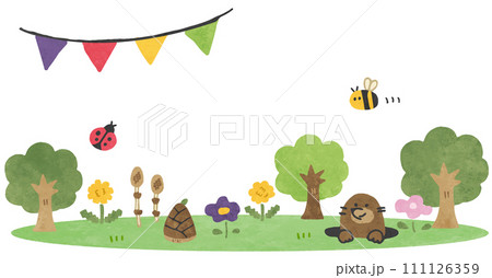 春の森で遊ぶかわいい生き物のフレームイラスト素材 111126359