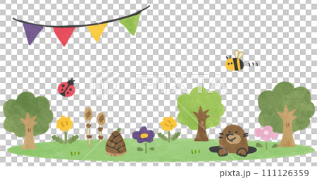 春天森林裡玩耍的可愛生物的框架插畫素材 111126359