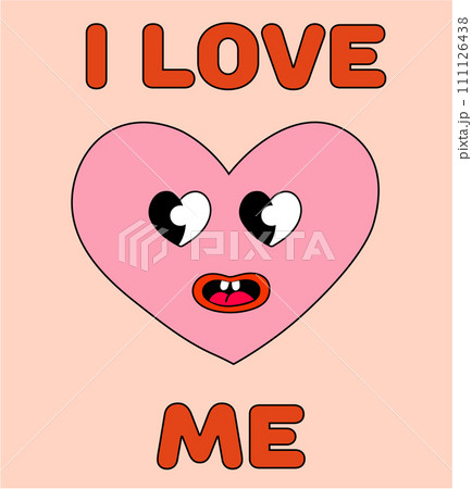 Anti Valentine Day Card. Pink Heart smile. I love me. Mascot in groovy and Y2k style. Greeting card, template, poster, print, party invitations and background. Vector flat illustration. 111126438