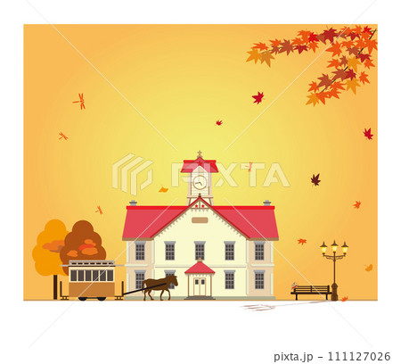 秋の紅葉の札幌時計台のイラスト 111127026