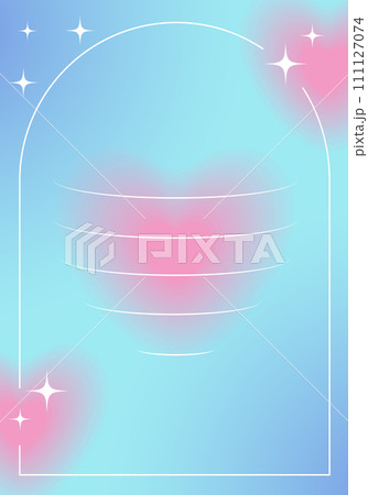 Blue gradient poster with linear arch and heart in y2k style. Elegant retro banner for Valentine's Day 111127074