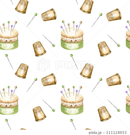 watercolor seamless pattern with needlework tools, embroidery accessories, pincushion, pins, thimble, hand drawn sketch of handiwork isolated on white background 111128053