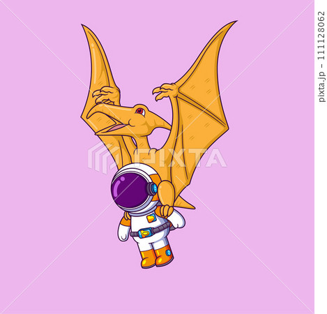 Pterodactyl flying high in sky with cute astronaut cartoon character of illustration 111128062
