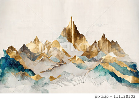 Grunge watercolor mountains landscape with golden color. AI generated 111128302