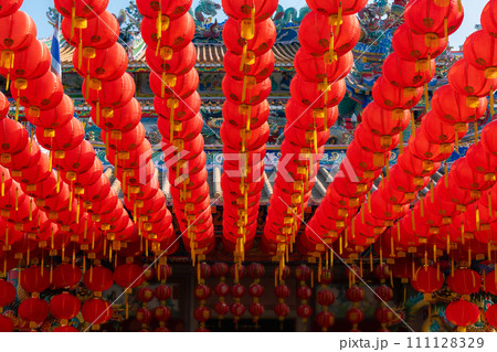 Chinese new year lantern in chinatown area. Translate chinese alphabet " Fu " on Lantern meaning good fortune. 111128329