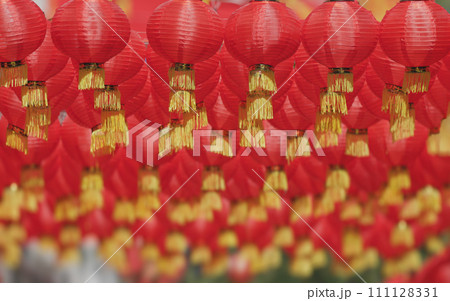 The red lanterns decorated in chinese new year festival at chinatown area. 111128331