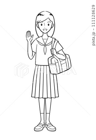 手を上げて挨拶をする夏の制服を着た女子中学生（線画） 111128629