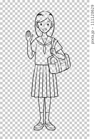 Junior high school girls wearing summer uniforms raising their hands in greeting (line drawing) 111128629