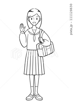 手を上げて挨拶をする制服を着た女子中学生（線画） 111128630