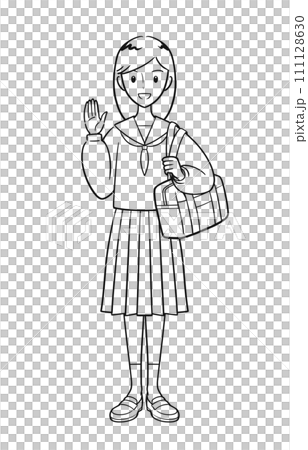 Junior high school girls in uniforms raising their hands in greeting (line drawing) 111128630