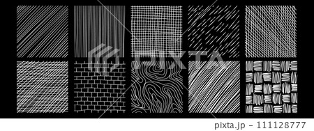 Set of textures with different hand drawn patterns. Vector scribble, horizontal and wave strokes collection. Set of textures with different hand drawn patterns. Vector scribble, horizontal and wave strokes collection. 111128777
