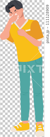 Allergy and Cold Prevention concept. man sneezing with tissue paper Allergy and Cold Prevention concept. man sneezing with tissue paper 111128909