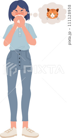woman suffering from cat allergy. coughing and breath difficulty. woman suffering from cat allergy. coughing and breath difficulty. 111128938
