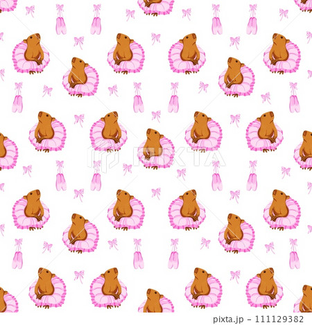 seamless pattern capybara girl in pink skirt. Capybara ballerina dancing, training. Cute illustration in flat style. seamless pattern capybara girl in pink skirt. Capybara ballerina dancing, training. Cute illustration in flat style. 111129382