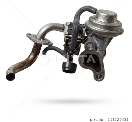 EGR valve spare part for car engine on white isolated background EGR valve spare part for car engine on white isolated background 111129431