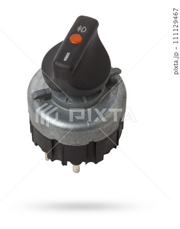 Close-up on the headlight switch control buttons and automatic adjust level dashboard of car in the vehicle repair workshop on white isolated background. Auto service industry Close-up on the headlight switch control buttons and automatic adjust level dashboard of car in the vehicle repair workshop on white isolated background. Auto service industry 111129467
