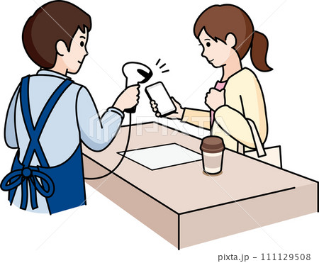 スマホ決済する女性と男性店員 111129508