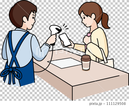 スマホ決済する女性と男性店員 111129508