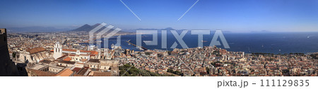 View of the Gulf of Naples. Naples and the Mount Vesuvius with Capri in the distance from the Castel Sant'Elmo. 111129835