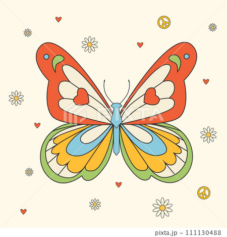 Beautiful groovy butterfly vector hand drawn illustration. Stock pop clip art in Hippie 60s 70s style. Peace. Pacific. Beautiful groovy butterfly vector hand drawn illustration. Stock pop clip art in Hippie 60s 70s style. Peace. Pacific. 111130488
