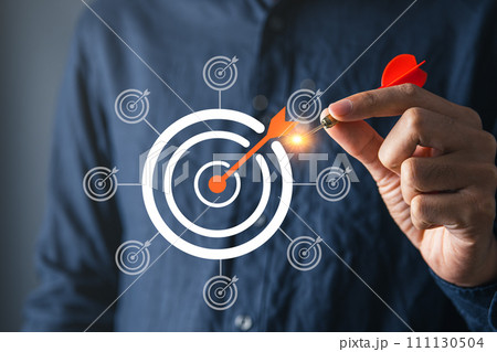 Businessman with goal or target dartboard and loading bar for goal setting in business and strategic plainning achievement concept. 111130504