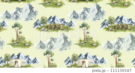 Seamless pattern of a camping in the woods .Tent,trailer, trees, plants floral. Landscape tourism.Watercolor hand drawn illustration.White background. For fabric, textile, paper Seamless pattern of a camping in the woods .Tent,trailer, trees, plants floral. Landscape tourism.Watercolor hand drawn illustration.White background. For fabric, textile, paper 111130587
