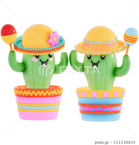 Cinco De Mayo , Cute Cactus holding maracas on transparent background , 3D Rendering 111130835