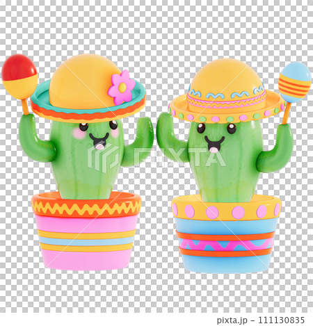 Cinco De Mayo , Cute Cactus holding maracas on transparent background , 3D Rendering 111130835