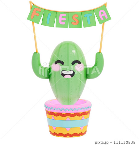 Cinco De Mayo , Cute Cactus with Fiesta Banner on transparent background , 3D Rendering 111130838