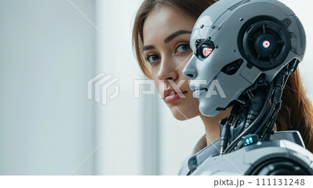AI-generated content. Humanity and Robotics. Woman with Robotic Alter Ego. Futuristic Biology and Technology. AI Generated 111131248