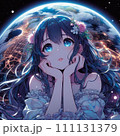 満月の夜に輝く満月と美しい少女 111131379