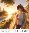夕日に照らされる女性 111131503