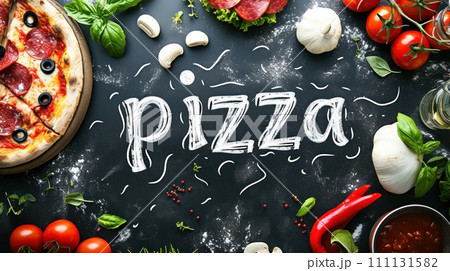 Calligraphy lettering - Pizza with pizza ingredients on black background. Template for restaurant, delivery, cafe 111131582